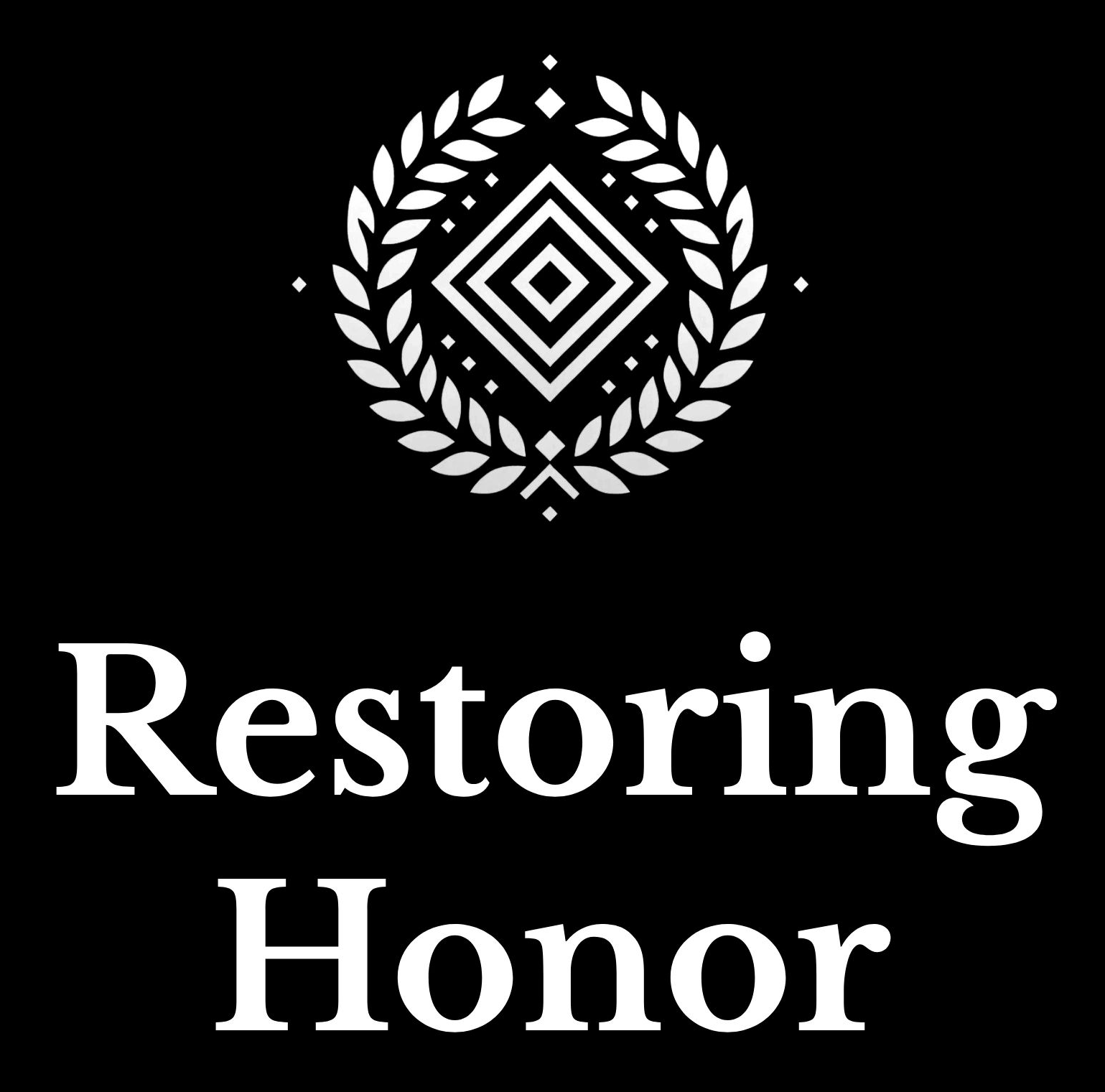 A white emblem with laurel wreath and geometric shapes above the text 'Restoring Honor' on a black background.