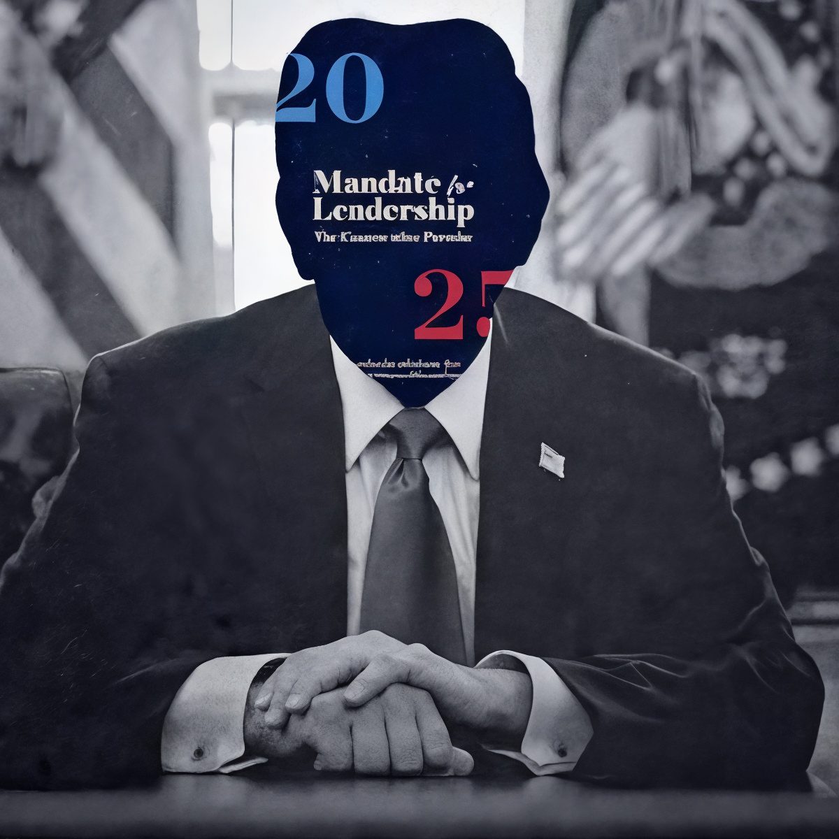 A monochrome image of a suited man with a face replaced by '2024' text.