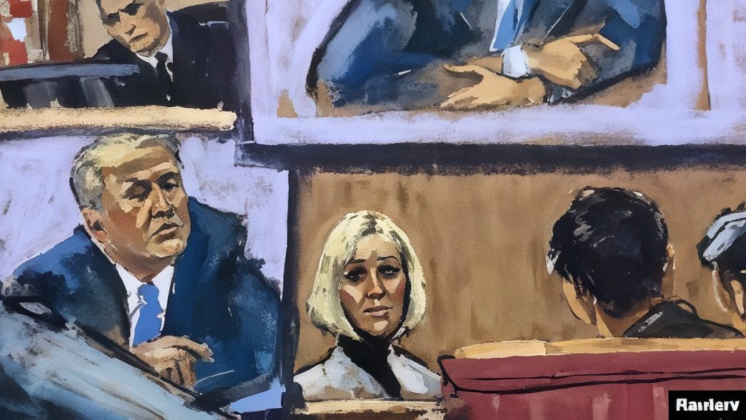 A courtroom sketch showing a blonde woman among others.