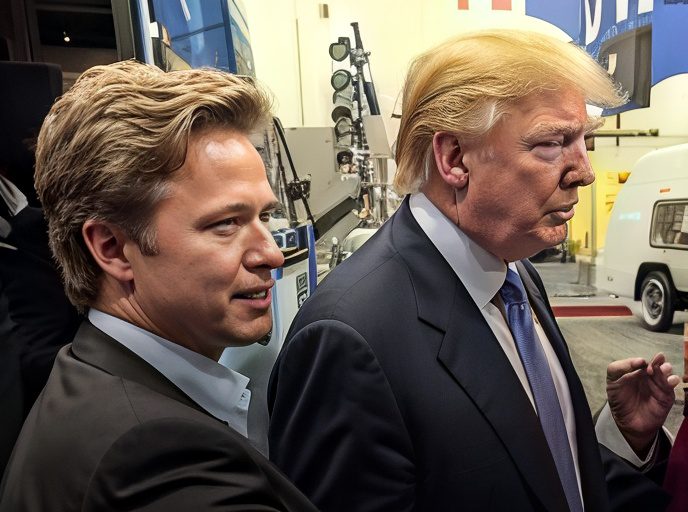Two men standing side by side indoors.