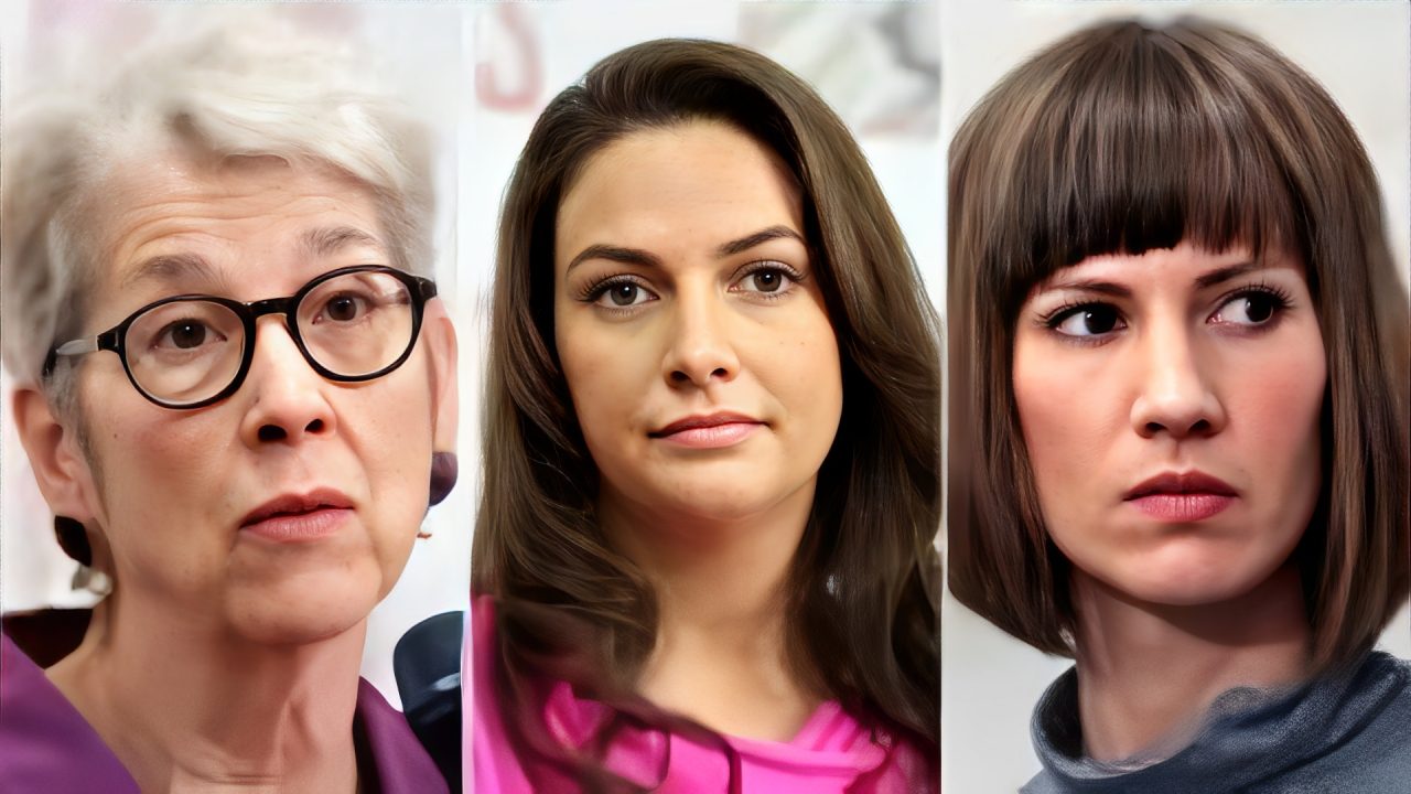 Portraits of three women with different expressions and hairstyles.