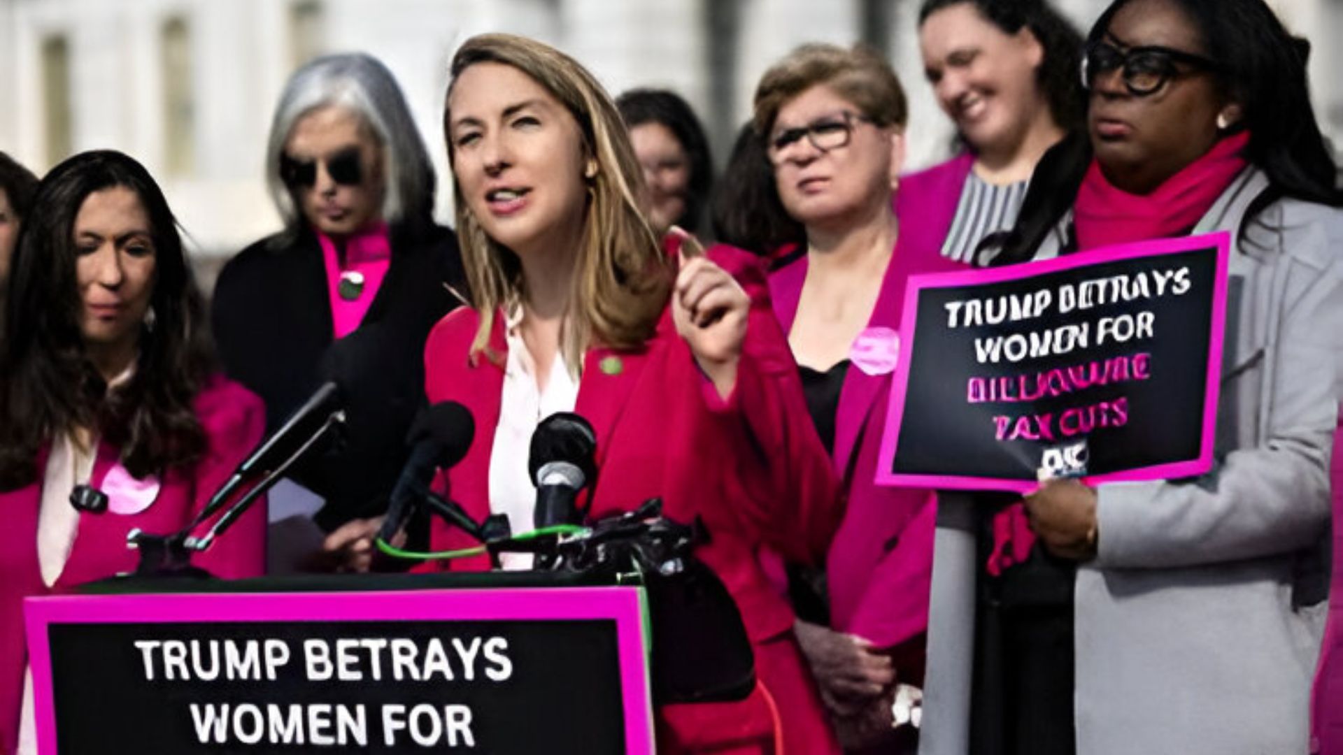 Women in pink advocating for women's rights at a rally.