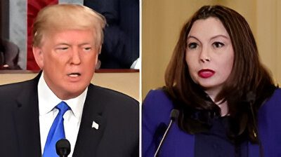 Split image of Donald Trump and a woman speaking at a microphone.
